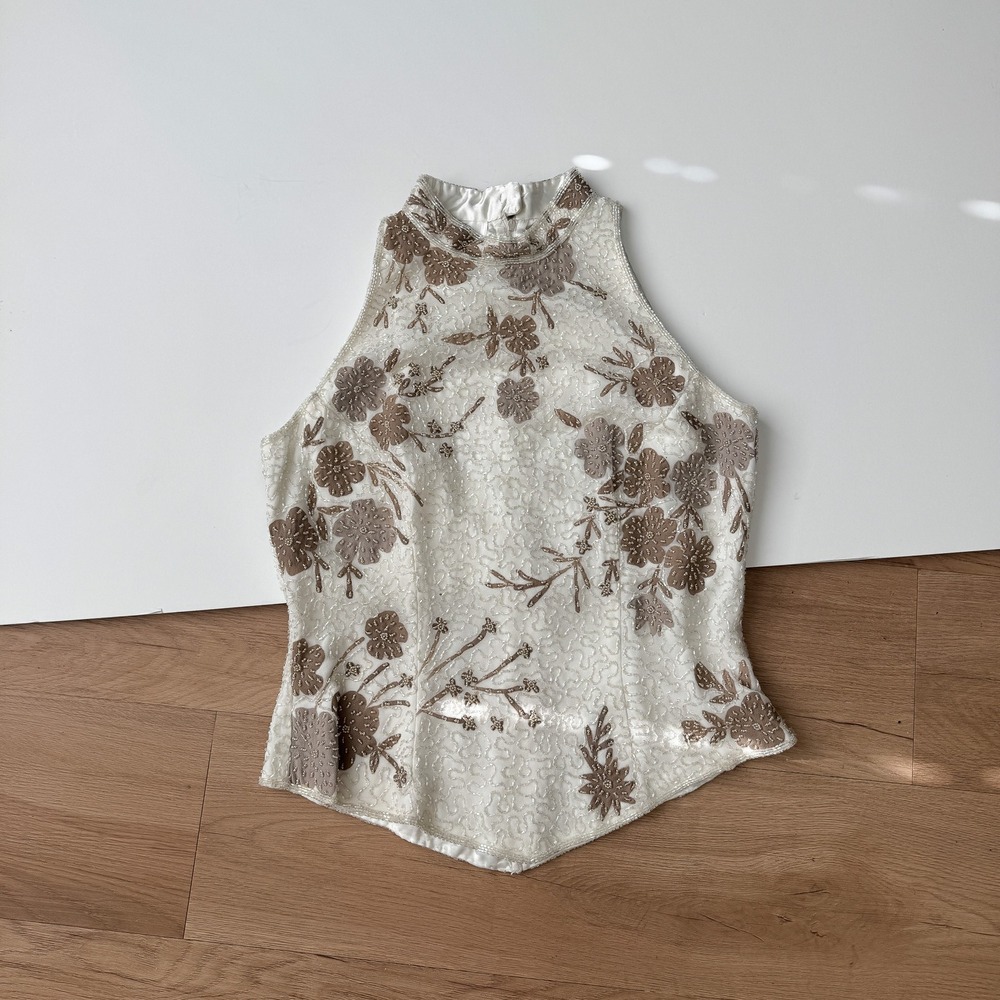 JKARA New York Vintage Y2K Beaded Floral Halter Top Ivory Taupe Mock Neck Size M
